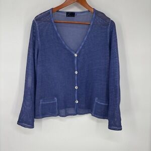 Fenini Womens Open Weave Button Up Top M Blue Pockets Cotton‎ Indie Resort USA